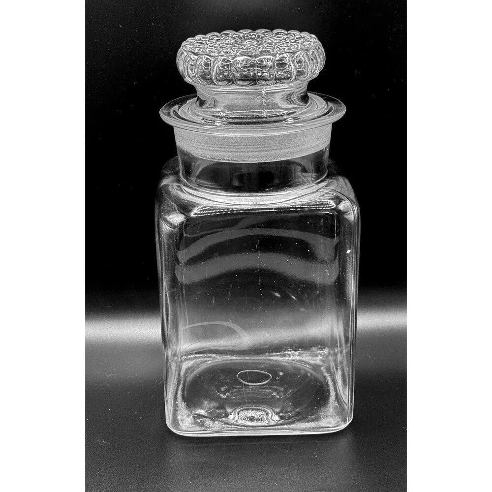 Vintage Square Clear Glass Apothecary Canister w/Decorative Floral Stopper 2 Qt